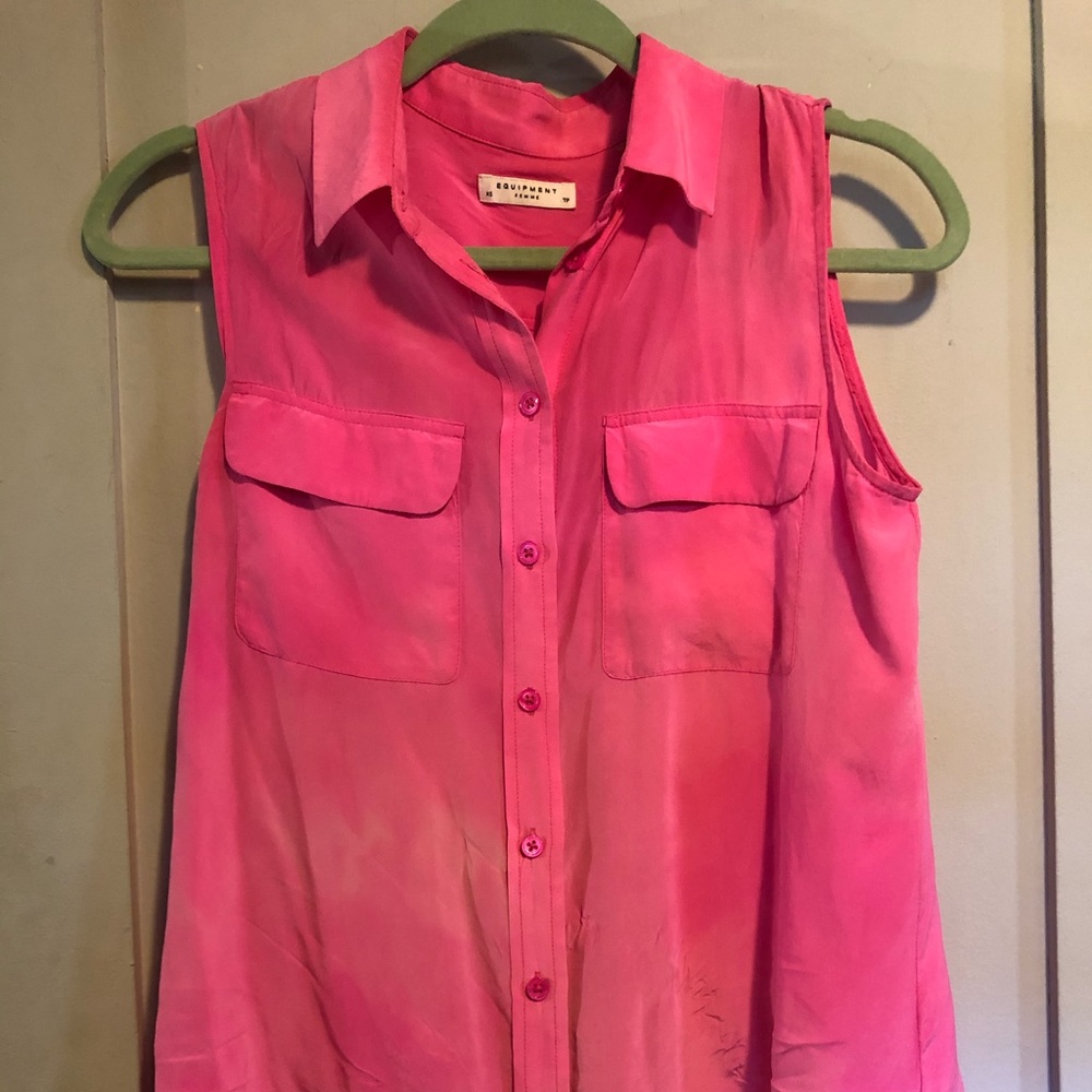 Neon pink silk sleeveless Equipment button down